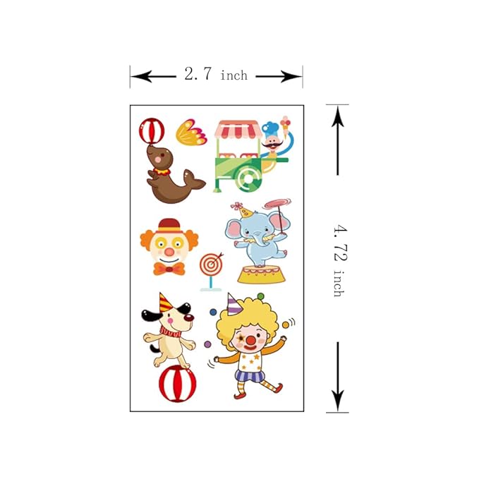 (Pack of 10 Sheets) Circus Waterproof Temporary Tattoo Stickers for Kids Boys and Girls, Party Favors Decorations
