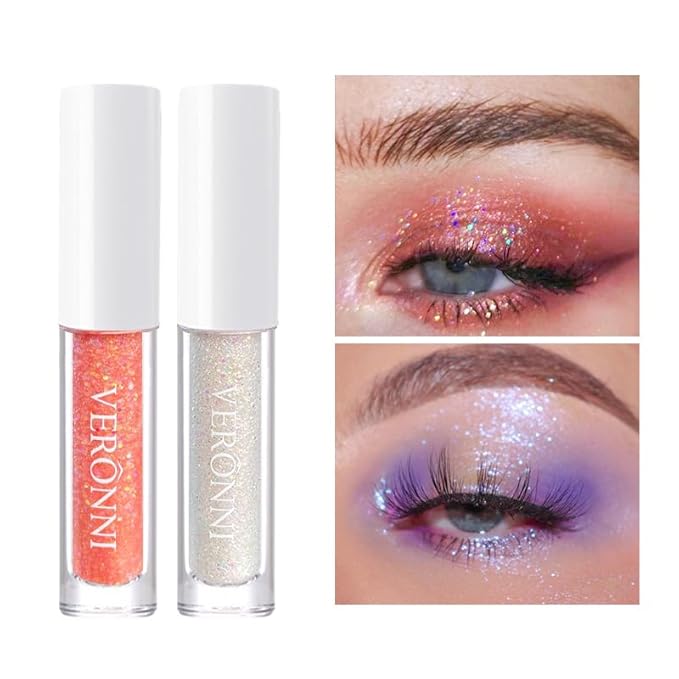 Sparkle Liquid Eyeshadow Kit 2 Colors Quickly Drying Glitter Liquid Eyeshadow Makeup Shimmer Liquid Eyeliner Waterproof Long Lasting Shiny Sequins Chunky Eye Shadow for Face & Body(#02#04)