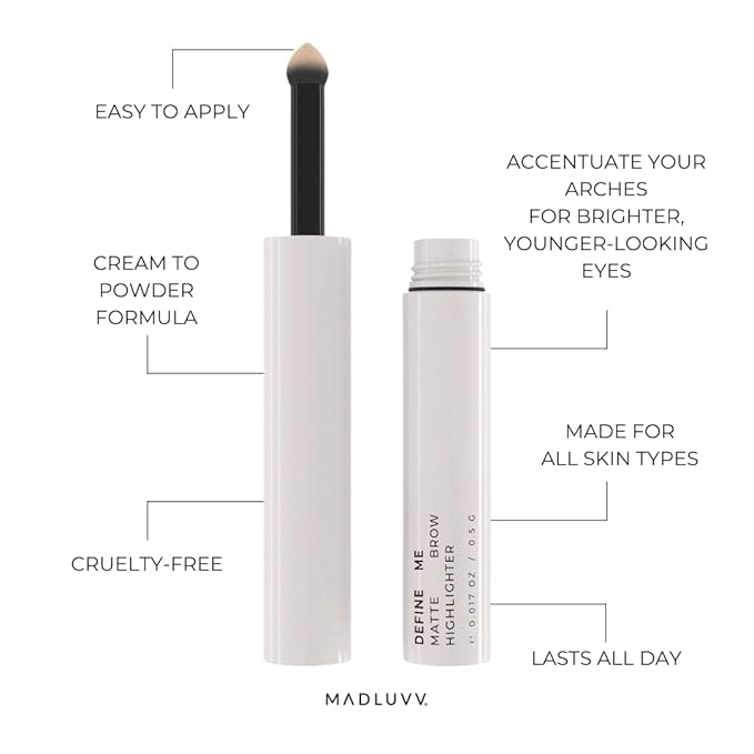 MADLUVV Define Me Eyebrow Highlighter, Last All Day, Accentuate Arches for Brighter Younger Looking Eyes, Universally Flattering for All Skin Shades, Hypoallergenic and Cruelty Free (Matte)