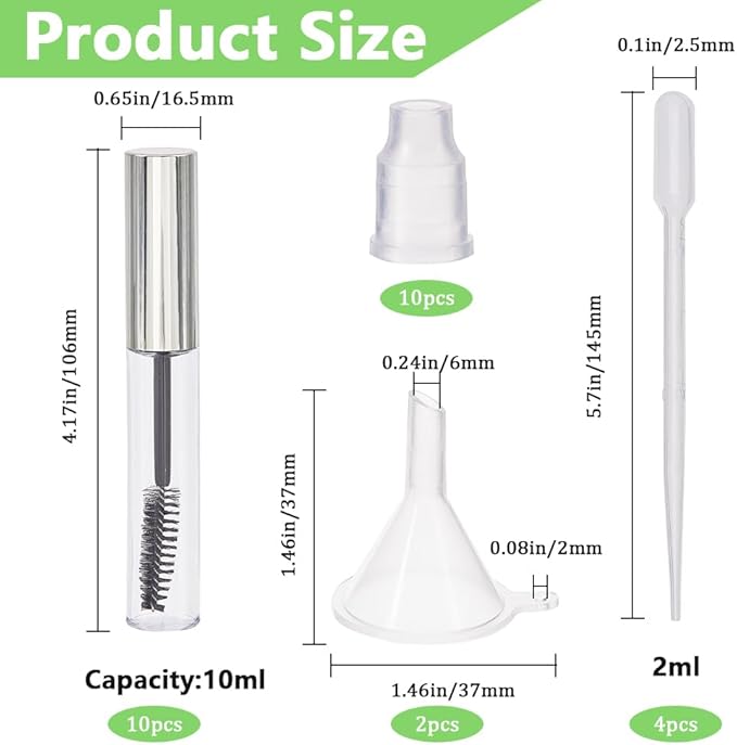 GORGECRAFT 10Pcs 10ml Empty Mascara Tube Bottle Transparent Plastic Eyelash Cream Containers Tubes Bottles with 4Pcs 2ml Dropper 2Pcs Mini Funnel Hopper for Castor Oil DIY Cosmetics Kit
