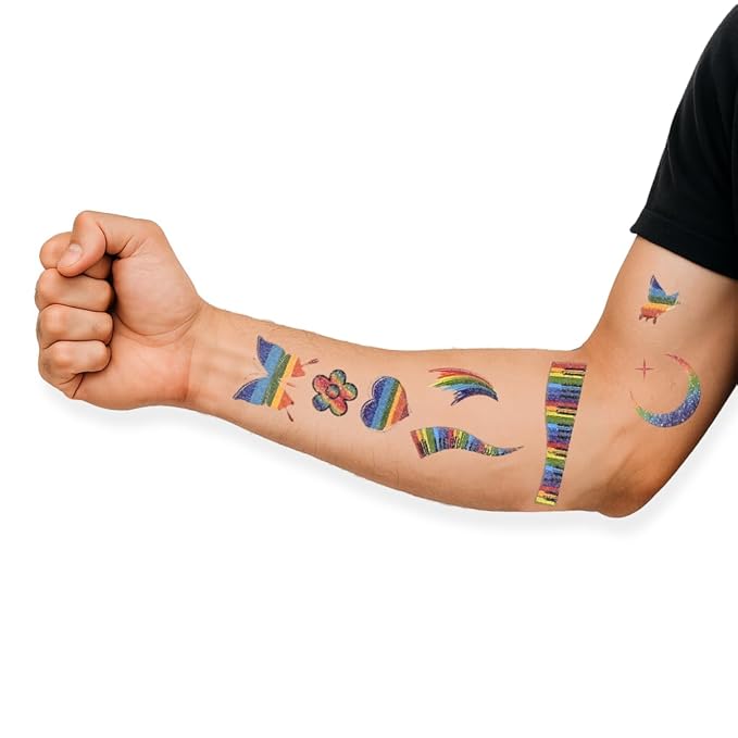 107PCS Artist-Designed Temporary Tattoos – LGBTQ+ Pride Fake Tattoos, Glitter Stickers for Adults, Festival Accessories & Fiesta Party Favors Kit