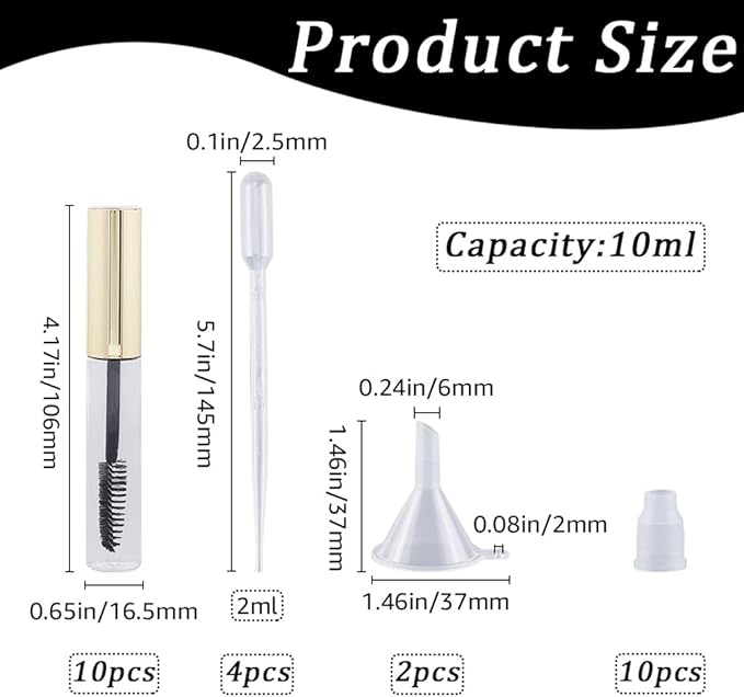 GORGECRAFT 10Pcs 10ml Empty Mascara Tube Bottle Transparent Plastic Eyelash Wand Containers Bottles with Rubber Inserts 4Pcs 2ml Dropper 2Pcs Mini Funnel Hopper for Castor Oil DIY Cosmetics Kit Gold