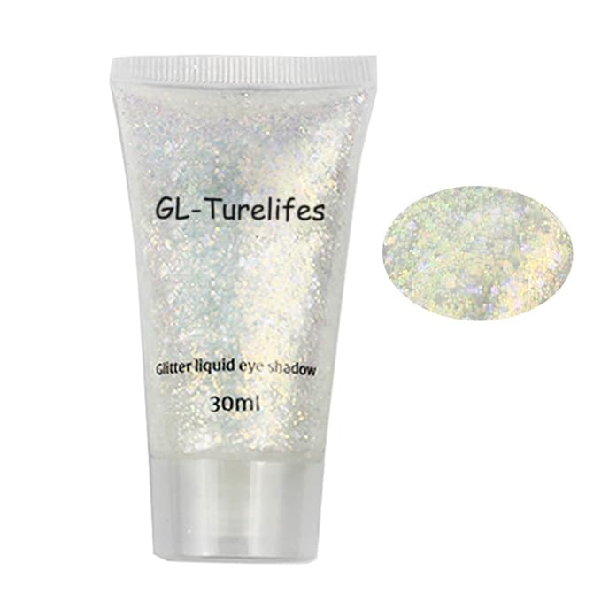 GL-Turelifes 30ml Sequins Chunky Glitter Liquid Eyeshadow Body Gel Festival Cosmetic Face Hair Nails Makeup Long Lasting Sparkling Easy to Apply and Remove (#01 White)