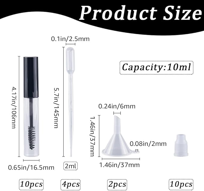 GORGECRAFT 10Pcs 10ml Empty Mascara Tube Bottle Transparent Plastic Eyelash Wand Containers Bottles with Rubber Inserts 4Pcs 2ml Dropper 2Pcs Mini Funnel Hopper for Castor Oil DIY Cosmetics Kit Black