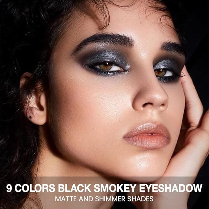 Black Grey Smokey Eyeshadow Palette,Highly Pigmented Matte Black White Gray Silver Smoky Eye Shadow,9Colors Cool Toned Eyeshadow Palette Black Radiance Eyeshadow Long Lasting Eye Makeup for Goth Look