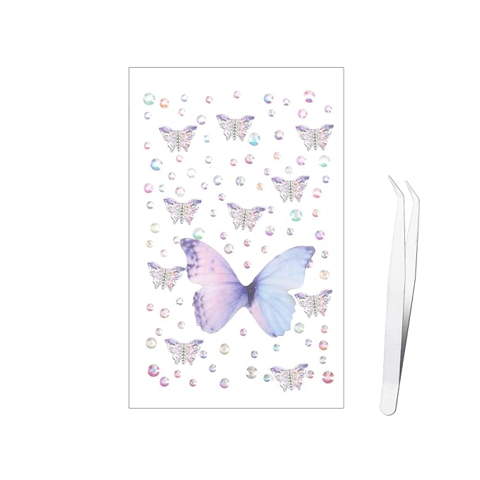 100 pcs Face Rhinestones, Colorful Aurora Self Adhesive Diamonds Face Sticky Gems with Tweezers Fabric Butterflies Multi-Style Sequin Stickers for Women Face Body Makeup
