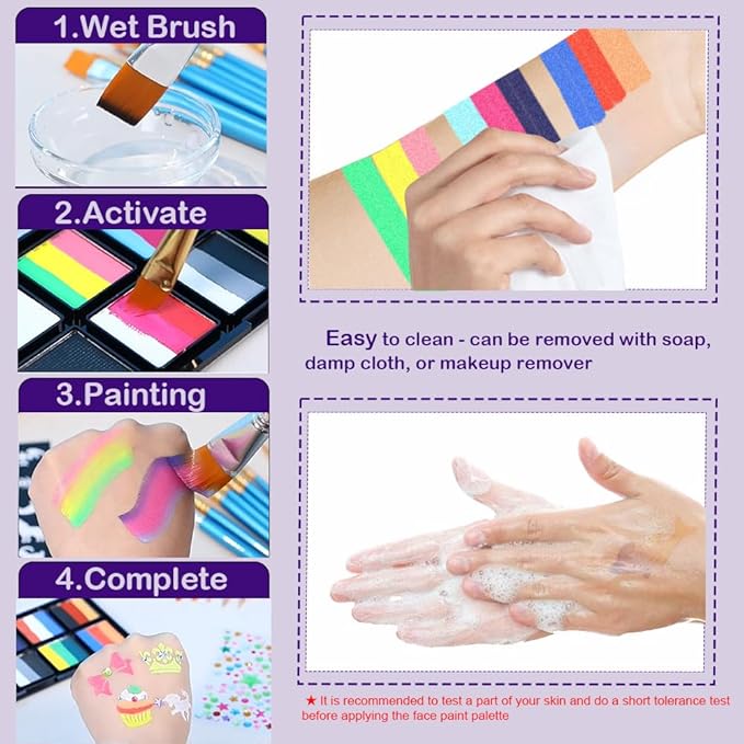 Face Painting Kit - Professional Rainbow Split Cake for Body & Face Makeup, Water Activated, 10 x 10g, with Stickers, Brushes, Sponges, for Halloween, Christmas, Easter, Parties