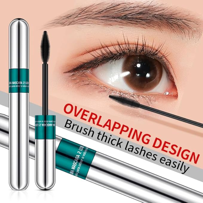 Waterproof Double-end 4D Curling Mascara - 2-in-1 Volumizing & Lengthening, No Clumping, Long-Lasting Smudge Proof Black Makeup with Liquid Lash Extensions
