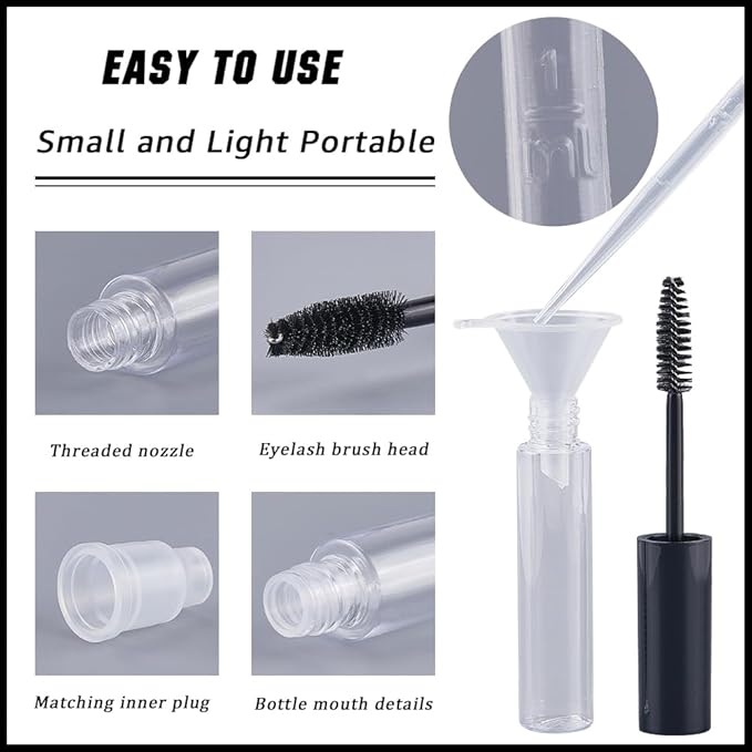 GORGECRAFT 10Pcs 10ml Empty Mascara Tube Bottle Transparent Plastic Eyelash Wand Containers Bottles with Rubber Inserts 4Pcs 2ml Dropper 2Pcs Mini Funnel Hopper for Castor Oil DIY Cosmetics Kit Black