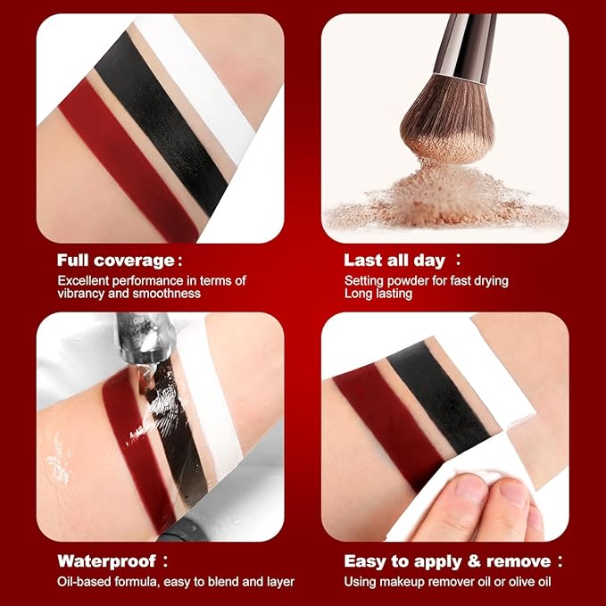 Black White Red Clown Face Paint Makeup, DE'LANCI Halloween Makeup Kit Professional White Black Body Paint, Waterproof Joker Sfx Pennywise Face Paint Zombie Vampire Skeleton Costume