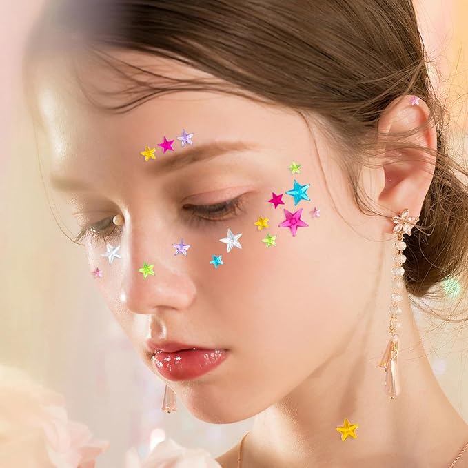 Stars Pattern Face Gems Jewels Self Adhesive Rhinestones Halloween Rave Featival Makeup Body Face Eye Hair Gems Stickers Women Festival Accessory Crafts Decorations (Red Purple Pink Gold Blue Stars)