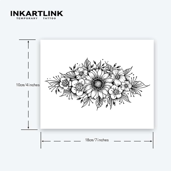 Tattoo Tech, 2 Sheets Extra-Large Semi Permanent Tattoo, Adult Art Design Temporary Tattoos, Lasts 1-2 Weeks, Waterproof, Realistic Look, No Adhesive, No Reflection (Flower Design)