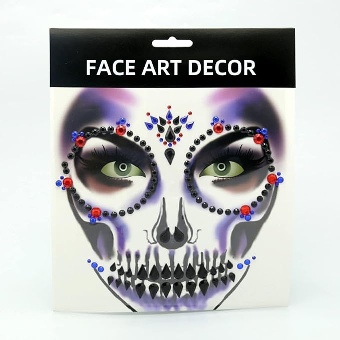 Day of the Dead Face Gems Jewels Tattoos Halloween Face Temporary Skull Tattoos Rhinestone Crystal Stones Body Gems Makeup Stickers DIY Self Adhesive for Women and Girls 2Pcs