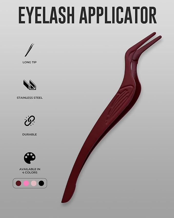 Eyelash Applicator Tool in Leather Case -Best Lash Cluster Applicator-with Stainless Steel Curved Design Lash Applicator Use for Wisps Lashes(Nude) (Maroon)