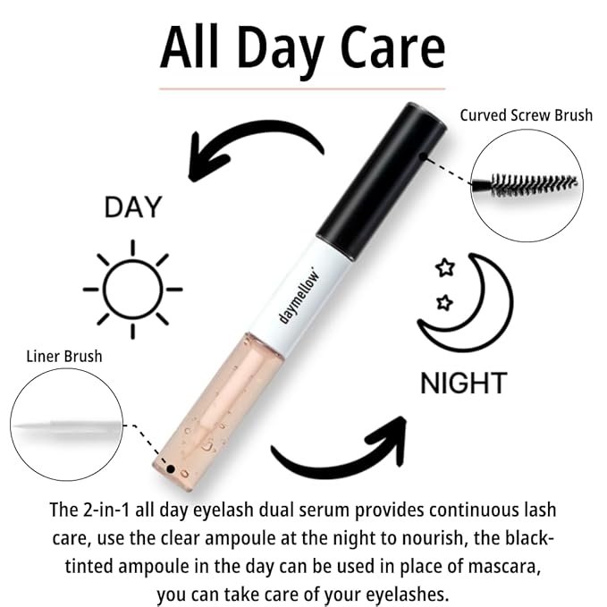daymellow All Day Eyelash Dual Serum 0.34fl.oz/10ml, 2-in-1, Eyelash Serum, Black Beans, Peptide, Panthenol, Enhancing, to Grow Lashes, Longer, Thicker, Advanced Lash, Vegan, Korean Skincare