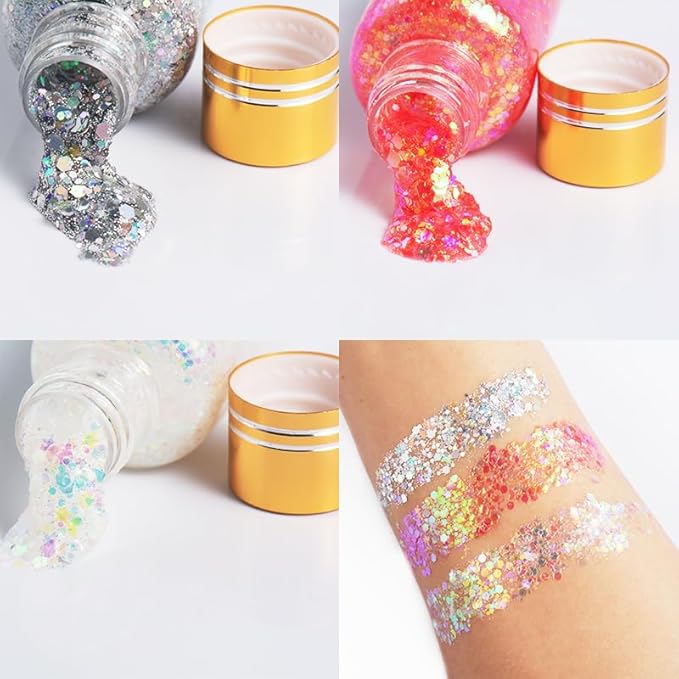 Holographic Body Glitter Gel,Chunky Glitter Mermaid Sequins Liquid Sparkling Glitter Gel for Rave Accessories Face Hair Eye Makeup Festival Party Concerts White+Pink+Sliver (A)