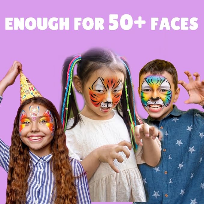 Bowitzki Face Paint Kit with 13 Colors, 12 Stencils, 2 Glitters, 2 Sponges, 2 Brushes, 1 Sheet Gems, Water Based Face Painting Kit for Kids, Safe Professional Halloween Party Makeup Set