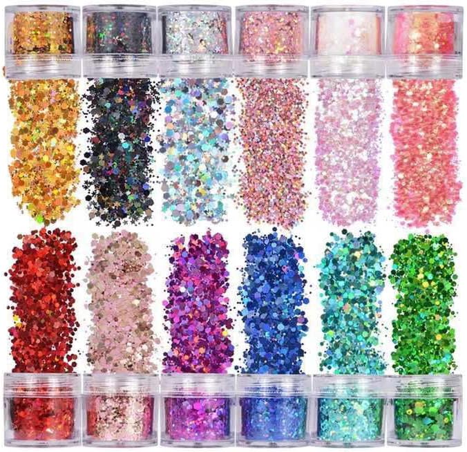 Speqtrum Products 12 Colors Chunky Sequins & Fine Glitter Powder Mix, Iridescent Glitter Flakes, Cosmetic Face Body Eye Hair Nail Art Resin Tumbler Glitter Loose Glitter