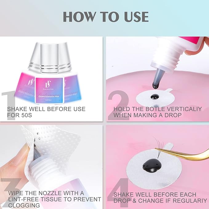 Lash Extension Glue Strong Hold Waterproof Lashes Glue for Eyelash Extensions 1S Drying Time 8 Weeks Retention Long Lasting Anti-Oil Black Eyelashes Adhesive Professional Use Only
