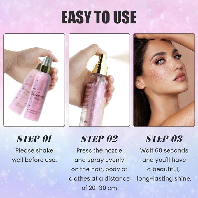 Glitter Spray for Hair, Body & Clothes - Quick-Drying Waterproof Body Shimmer Spray for Stage Makeup, Festivals & Raves - 3.72fl Oz (Purple)
