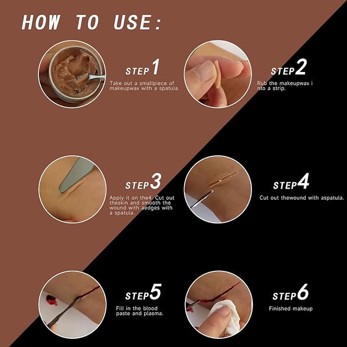Halloween zombies, horror makeup, scar wax, and Halloween makeup parties.Wax for Halloween wound effects, suitable for people over 8 years old, 2 pieces (dark and light colors)