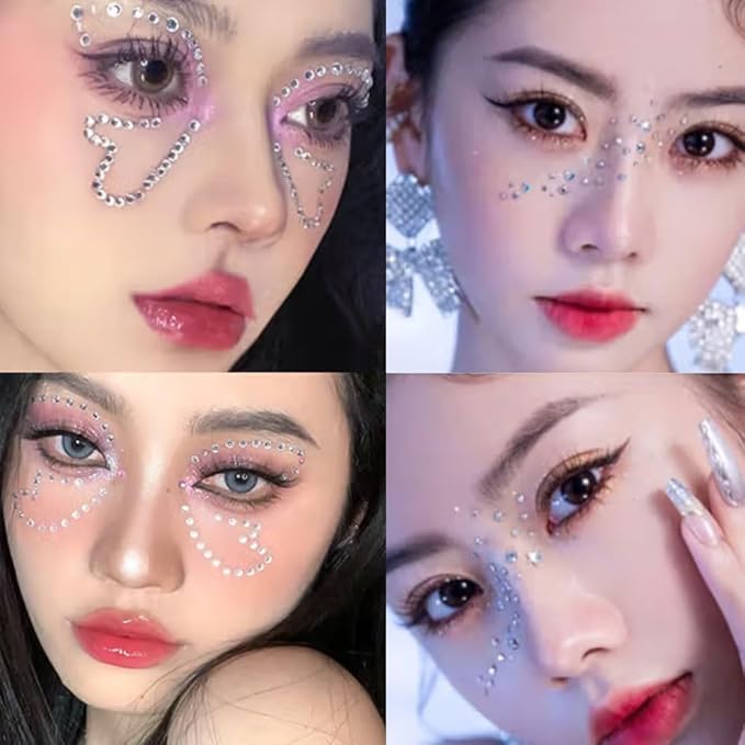 Pokinge 4Pcs Face Makeup Gems Art Decoration,3D Pearls Rhinestone Makeup Self Adhesive Sticker For Face Eyebrow Eye Makeup Nail Art