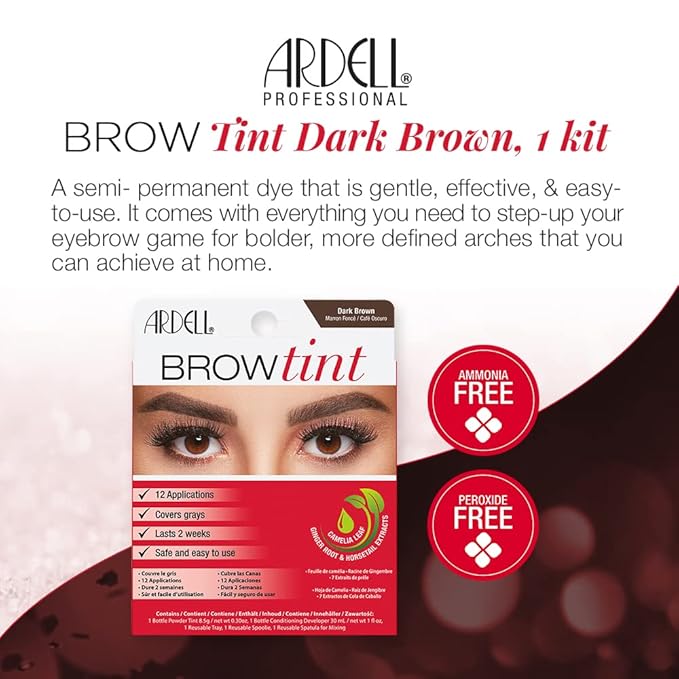 Ardell Brow Tint Kit Dark Brown - Semi-Permanent Eyebrow Dye, Long-Lasting Brow Color with Natural Extracts, Complete Eyebrow Tint Set, 1 Pack