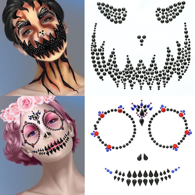 Day of the Dead Face Gems Jewels Tattoos Halloween Face Temporary Skull Tattoos Rhinestone Crystal Stones Body Gems Makeup Stickers DIY Self Adhesive for Women and Girls 2Pcs
