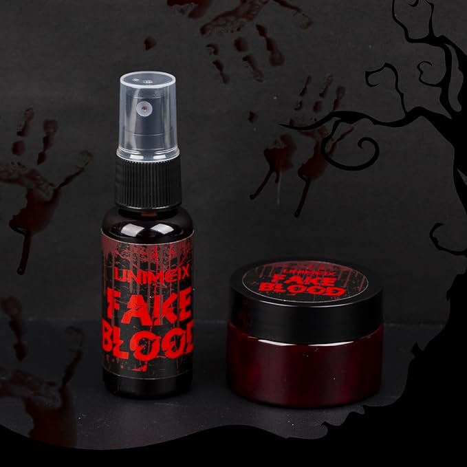 UNIMEIX 1 OZ Fake Blood Spray and 1 OZ Gel Fake Blood Makeup Kit Washable Sfx Makeup for Clothes Mouth Eyes,Stage Blood for Halloween Zombie Vampire Cosplay Party