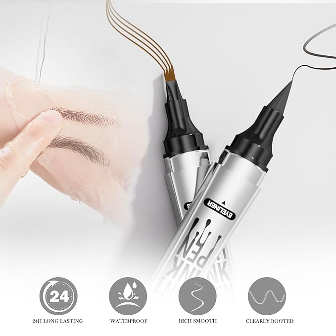 Microblading Eyebrow Pen - Eyebrow Pencil Magical 2-in-1 Dual-Ended Brow Pencils with 4-Fork-Tip & Precise Brush-Tip, Create Natural Hair-Like Brows & Eyeliner for Women, Last All-Day (Dark Brown)