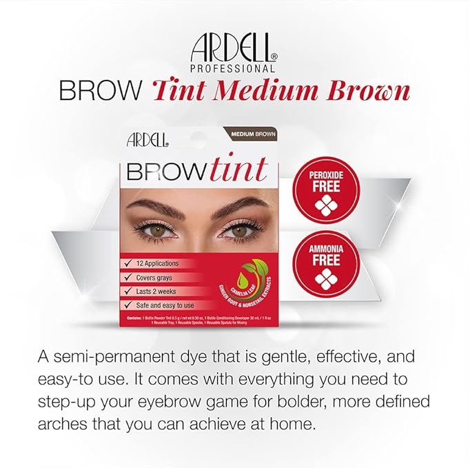 Ardell Brow Tint Medium Brown, Longer-lasting, Semi-permanent Brow Dye, with Natural Extracts, Complete Brow Tinting Kit, 1 pack