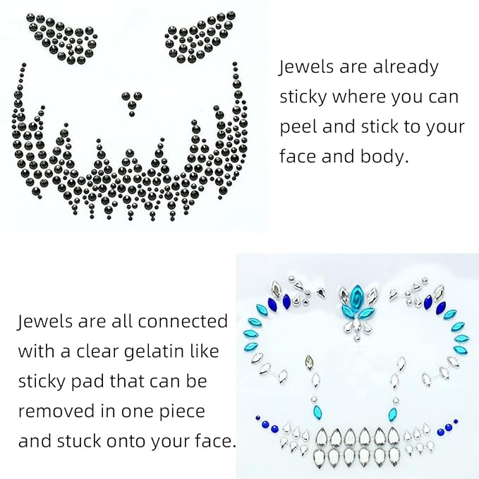Day of the Dead Face Gems Jewels Tattoos Halloween Face Temporary Skull Tattoos Rhinestone Crystal Stones Body Gems Makeup Stickers DIY Self Adhesive for Women and Girls 2Pcs