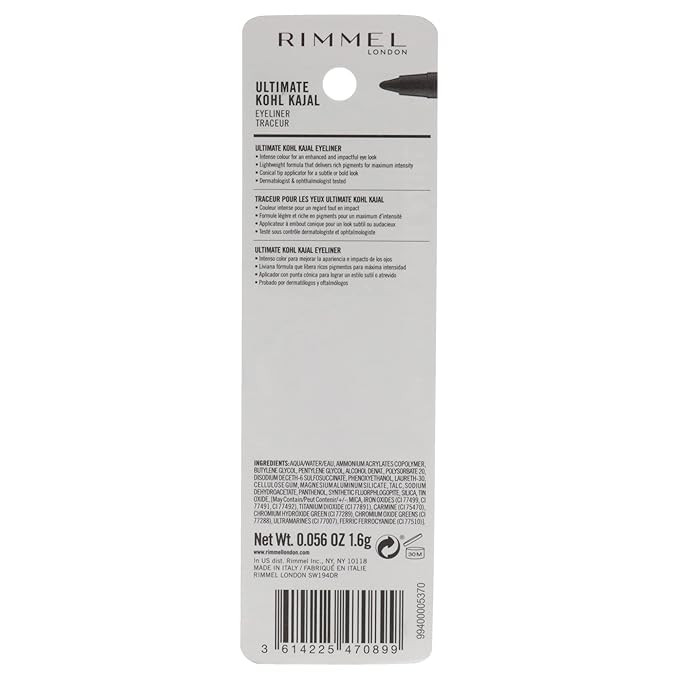 Rimmel London Ultimate Kohl Kajal Waterproof Eyeliner - 001 Black Obsidian Eyeliner Women 0.04 oz