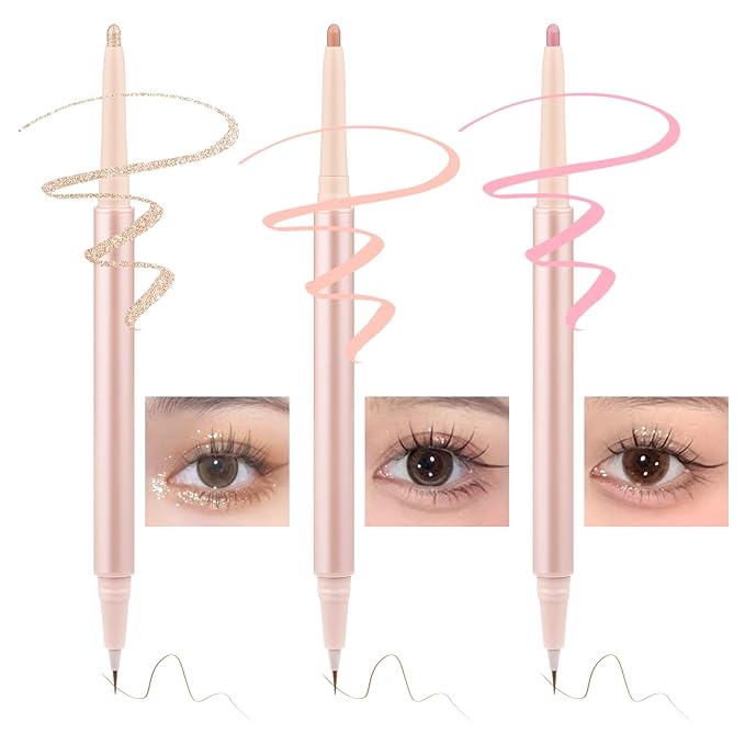 3PC Dual Ended Highlighter Makeup Pen, Glitter & Matte Nude EyeLiner & Eyeshadow, Liquid Contour Liner 2 in 1 Eye Make Up Stick, Mulit-Funtional Long Lasting Lying Silkworm Pencil Set