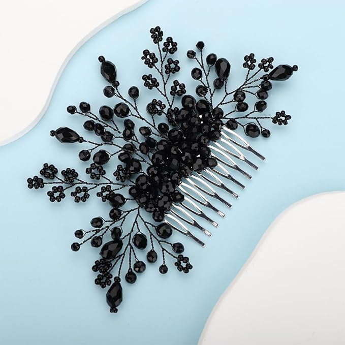Kercisbeauty Tiny Cute Black Beads Flower Hair Comb Wedding Bridal Handmade Dainty Hair Accessories Headpiece for Women Girls Prom Jewelry