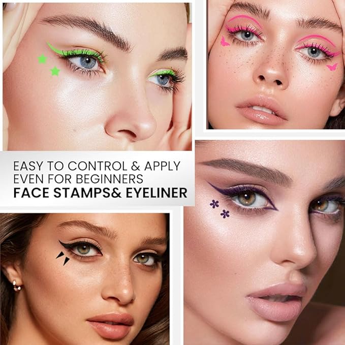 evpct 7Pcs Colored liquid Eye Liners Face Stamp Cosplay Gothic Makeup Set Kit for Beginners, Black Brown Purple Blue Red Pink Green Star Flowers Heart Moon Triangle Lightning Butterfly Stamps Eyeliner