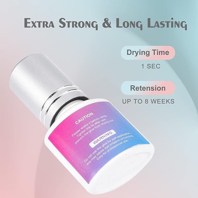 Lash Extension Glue Strong Hold Waterproof Lashes Glue for Eyelash Extensions 1S Drying Time 8 Weeks Retention Long Lasting Anti-Oil Black Eyelashes Adhesive Professional Use Only