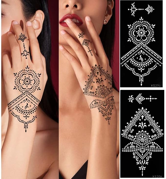 10 Sheets Henna Tattoo Stencil Kit Temporary Tattoo Stencils Arabian Tattoo Stickers for Face Paint Body Art, Reusable Templates 3 Layer Membrane