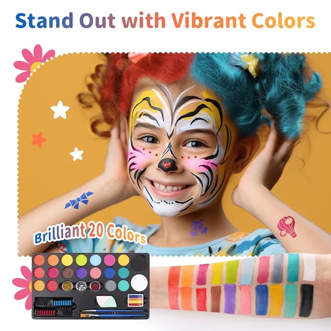 Janolia Rainbow Face Paint + 20 Colors Face Painting Kit for Kids, Water Activated Face Paint Kit for Halloween Carnival Easter
