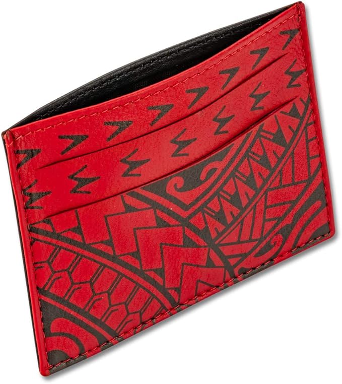 Polynesian Tattoo Leather Credit Card Holder Super Slim Wallet "Hiku" with Tribal Tattoo art by Eugene Ta’ase (Red) from NAKOA