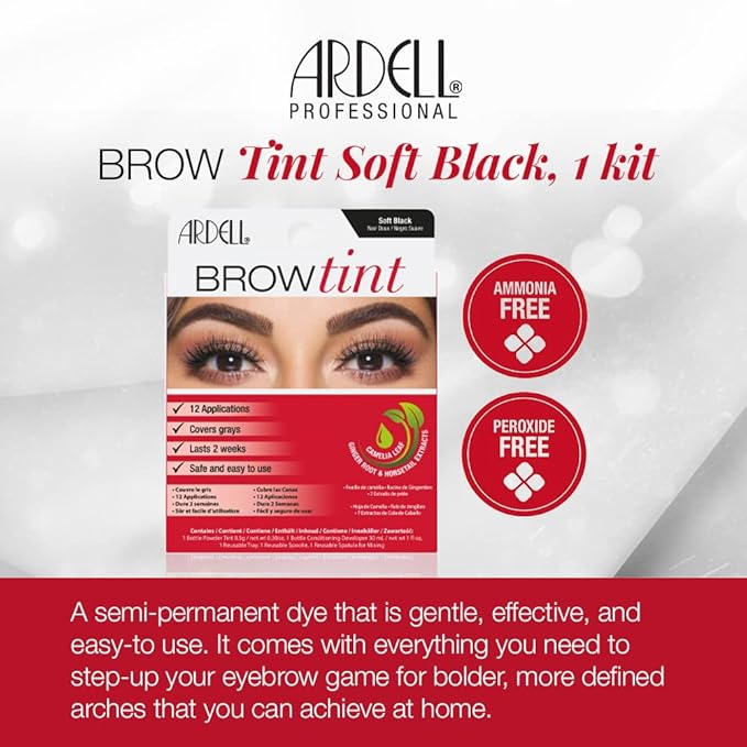 Ardell Brow Tint Soft Black, Longer-lasting Semi-permanent Brow Dye, with Natural Extracts, Complete Brow Tinting Kit, 1 pack