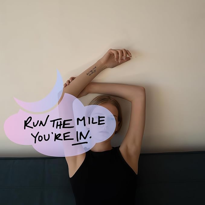 "Run The Mile You're In" Temporary Tattoos (3 Sheets) โ Motivational Running Tattoo for 5K, Marathon, Ultra | Vegan, Realistic, Waterproof & Long-Lasting (2-5 Days) โ 3" x 1.5" โ Race Day Inspiration