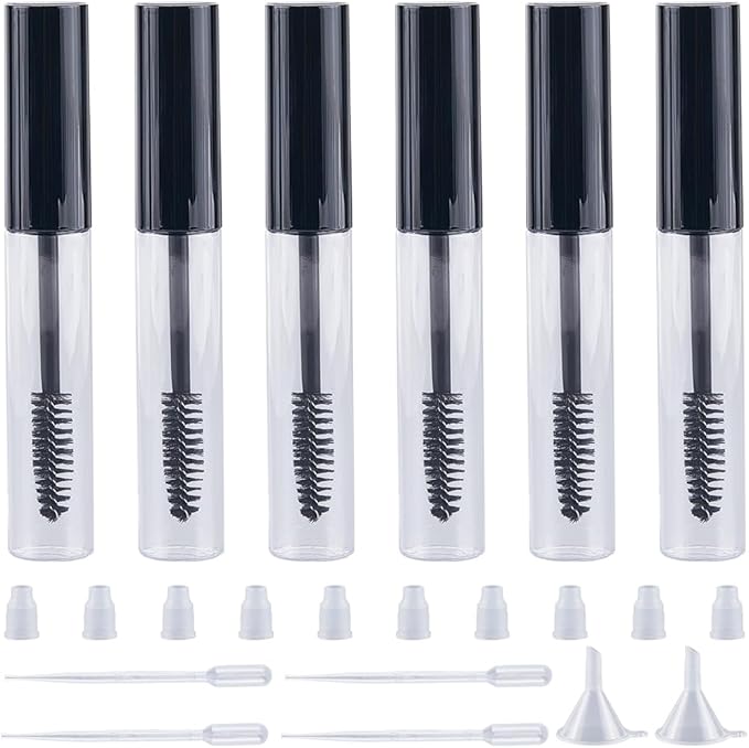 GORGECRAFT 10Pcs 10ml Empty Mascara Tube Bottle Transparent Plastic Eyelash Wand Containers Bottles with Rubber Inserts 4Pcs 2ml Dropper 2Pcs Mini Funnel Hopper for Castor Oil DIY Cosmetics Kit Black