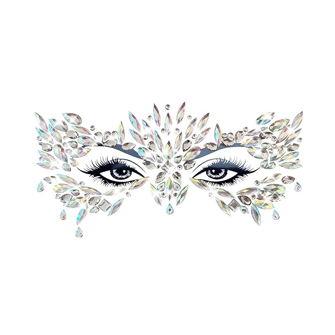 Neva Nude Chickadee Masquerade Clear Iridescent Face Crystal Sticker - Face Gems for Carnivals, Halloween, Festivals, Raves, & Parties | Medical Grade Adhesive, Waterproof, & Sweatproof | Made in USA