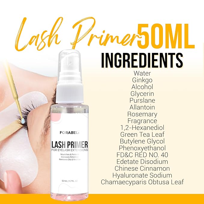 Forabeli Lash Primer for Lash Extensions Spray 50ml - Pro-Grade, Faster Prep for Superior Eyelash Retention