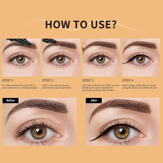 QIC 2 in 1 Microblading Eyebrow Pen with Eyeliner Pencil,3D Waterproof Magic Eyebrow Pencil with 4 Fork Tip Multifunctional Double Head Microblade Eyebrow Pencil Waterproof and Long-Lasting (Gray)