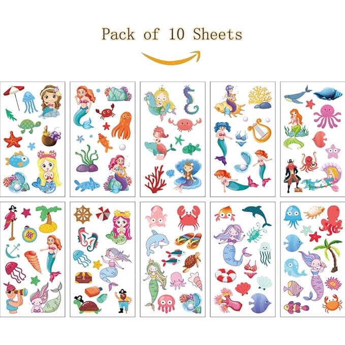 (Pack of 10 Sheets) Mermaid Waterproof Temporary Tattoo Stickers for Kids Boys and Girls, Party Favors Decorations