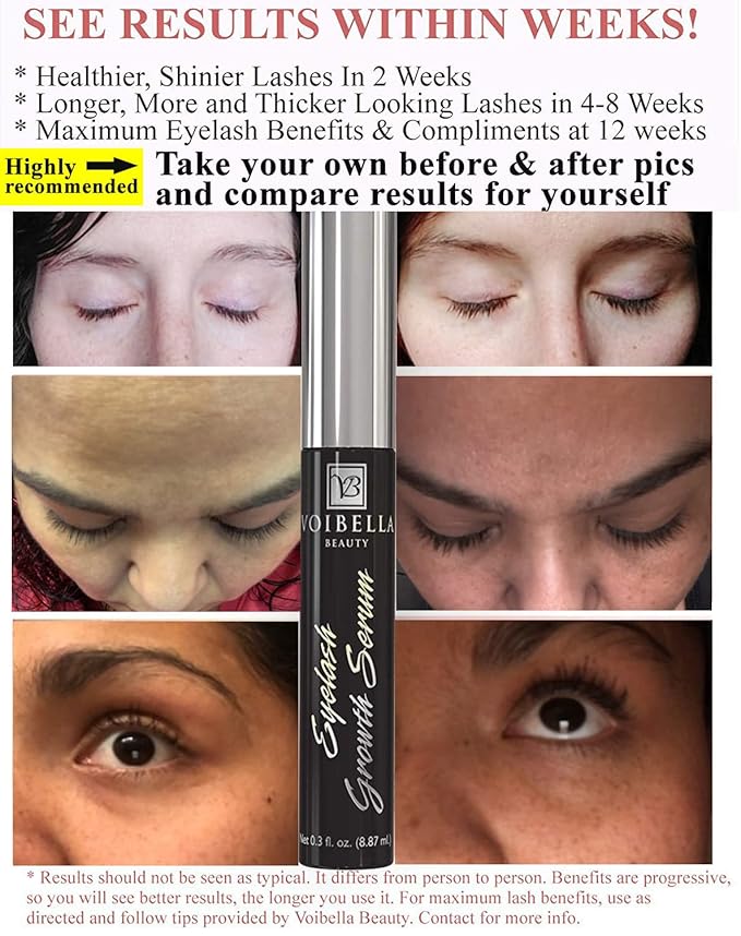 Voibella Eyelash Growth Serum and Eyebrow Appearance Enhancer 8.87ML - Natural Eye Lash Beauty Enhancing and Brow Serum To Boost Healthy Aspect and Show Thick, Longer, Lush and Lavish Lashes