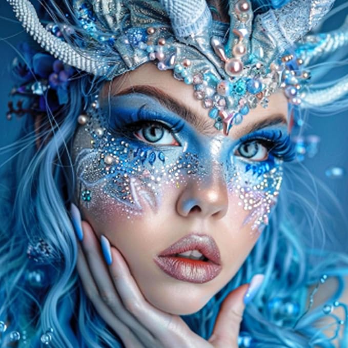 BOBISUKA Halloween Face Paint Kit - Black, White, Blue + Body Glitter Gel + Face Gems - Professional Washable Body Paint for SFX, Cosplay, Party, Stage Performance Makeup
