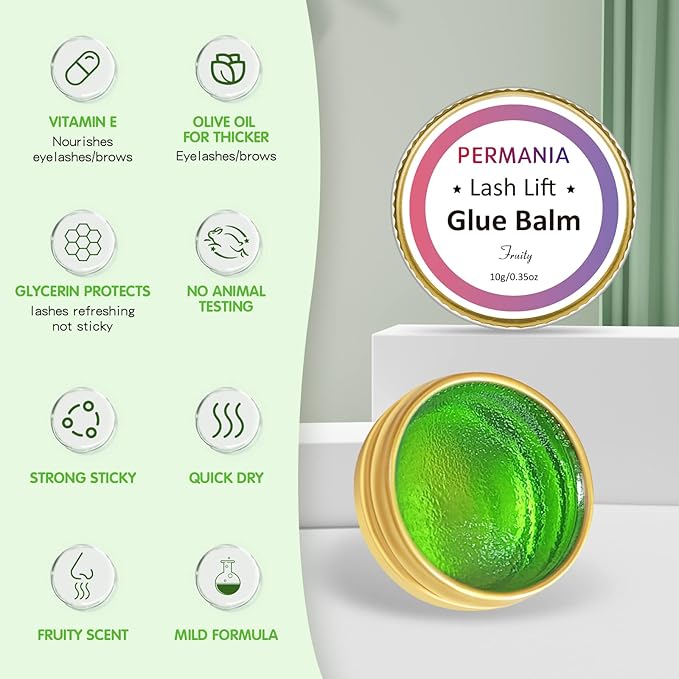 PERMANIA Lash Glue Balm, Eyelash Lifting Adhesives Strong Hold and Perfectly Shaped Eyebrows for Brow Lamination Kit, Lash Lift Balm Bright Colors & Fruity Flavours Fast Drying & Waterproof (Green)